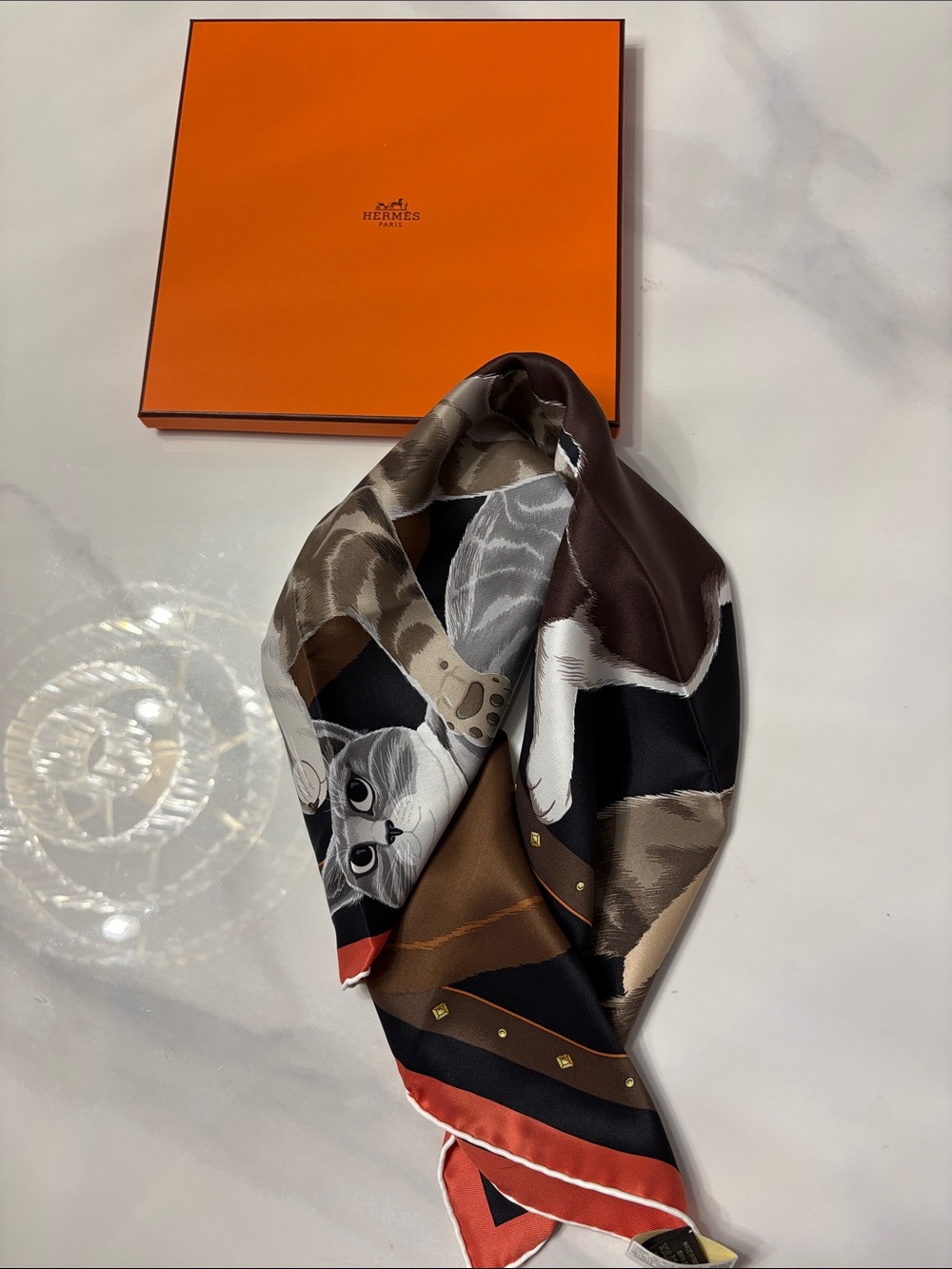 Hermes Cat Dance Silk Scarf - Black, Brown & Coral scarf 70 - Picture 10 of 10